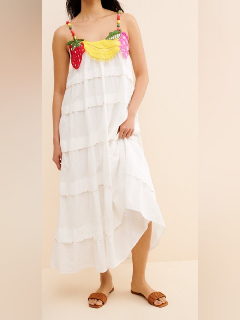 Farm Rio Embroidered Fruits Appliques Maxi White Dress. Sundress